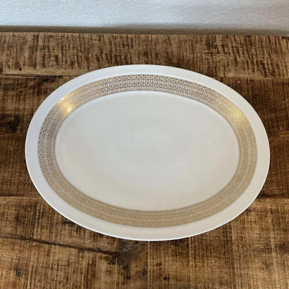 MIKASA Tempo Seventy MIDAS 5894 Oval Platter 11x15” White Gold Trim Plate